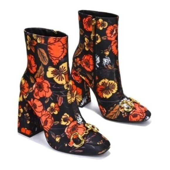 Women Flower Print Square Toe Chain Bit Buckle Block Heel Bootie - Picture 1 of 4